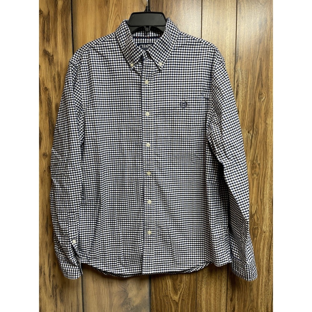 CHAPS Shirt Mens L Blue Checkered Long‎ Sleeve Collared Button Oxford Stretch